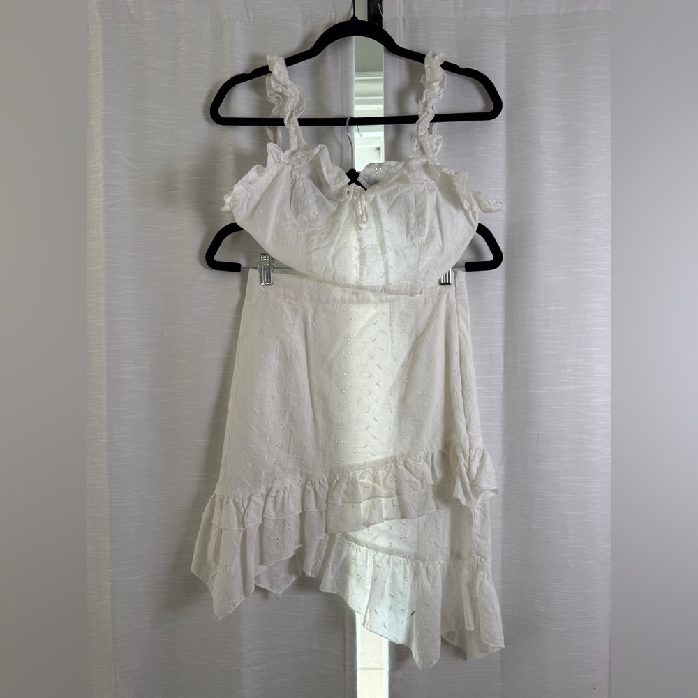 Lioness REVOLVE White Eyelet Ruffle Crop Top & Asymmetrical Skirt Set | Size S - Picture 8 of 14